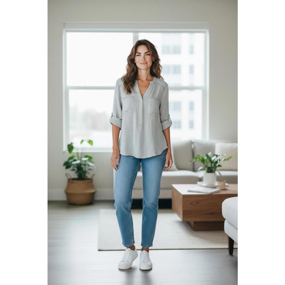 Harve Benard Washable Linen Shirt Blouse Women's Size L Gray Roll-Tab Sleeves